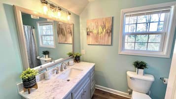 Tina, amenidades de baño gratuitas, secadora de cabello, toallas