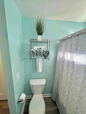 Bathtub, free toiletries, hair dryer, towels