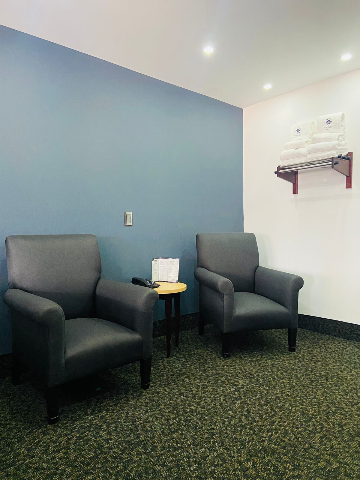 Una habitación con dos sillones grises, una mesita redonda con un teléfono y un folleto, y un perchero con toallas dobladas en la pared.