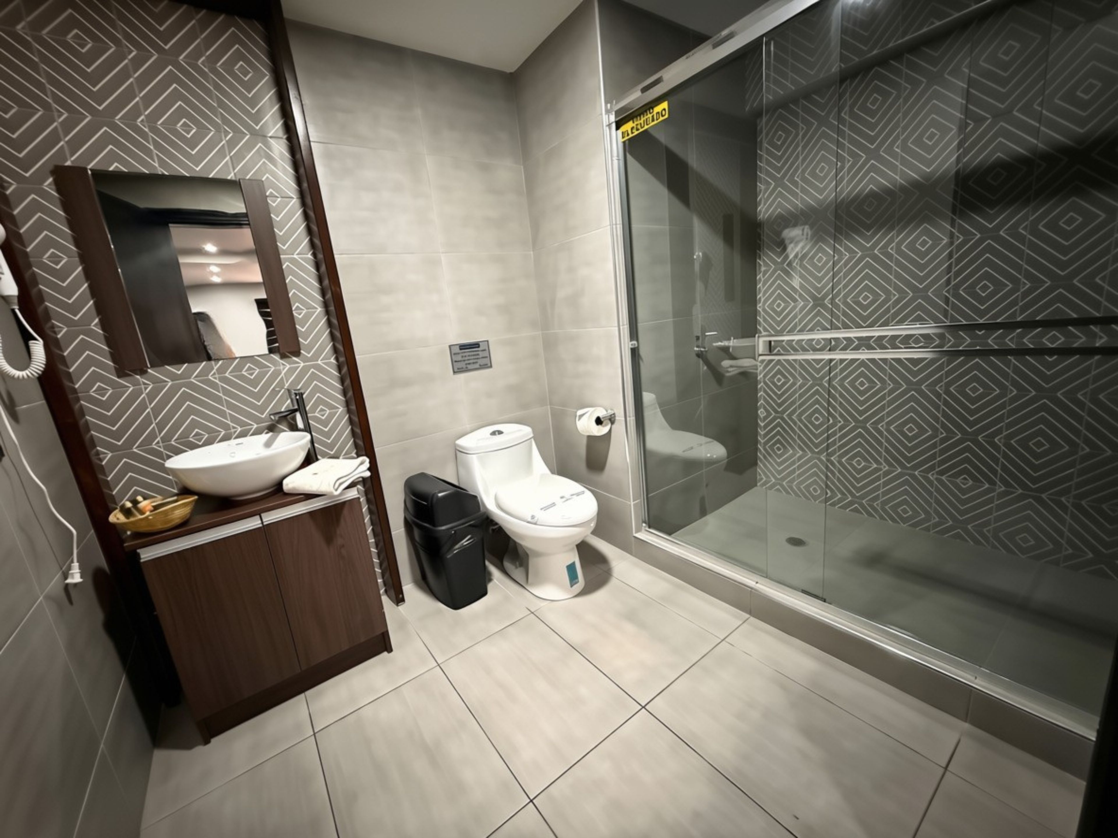 Une salle de bain moderne avec une douche à parois de verre, un lavabo avec un receveur et des toilettes.