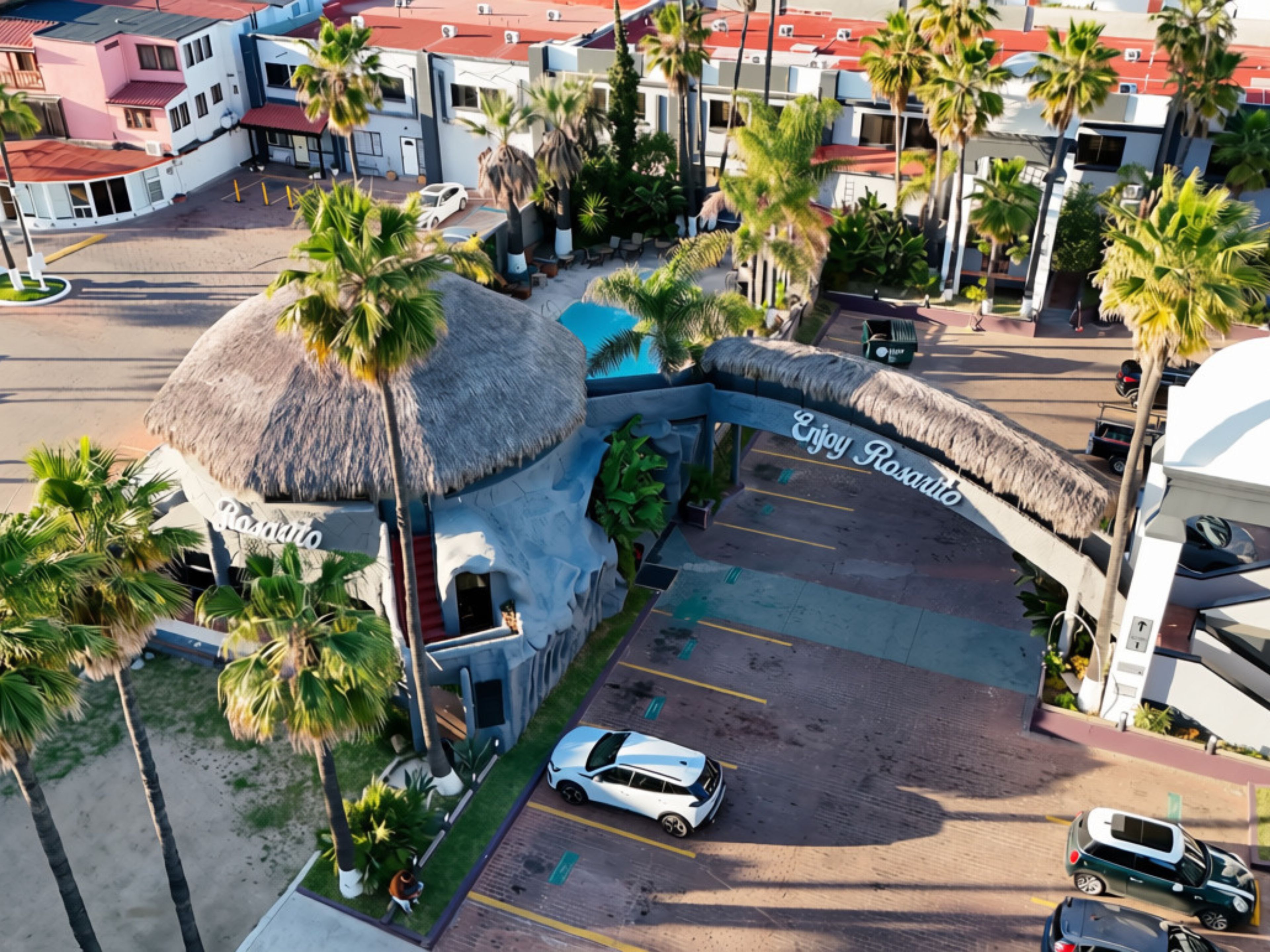 An aerial view of a resort with a thatched-roof building, a parking area, and surrounding palm trees.