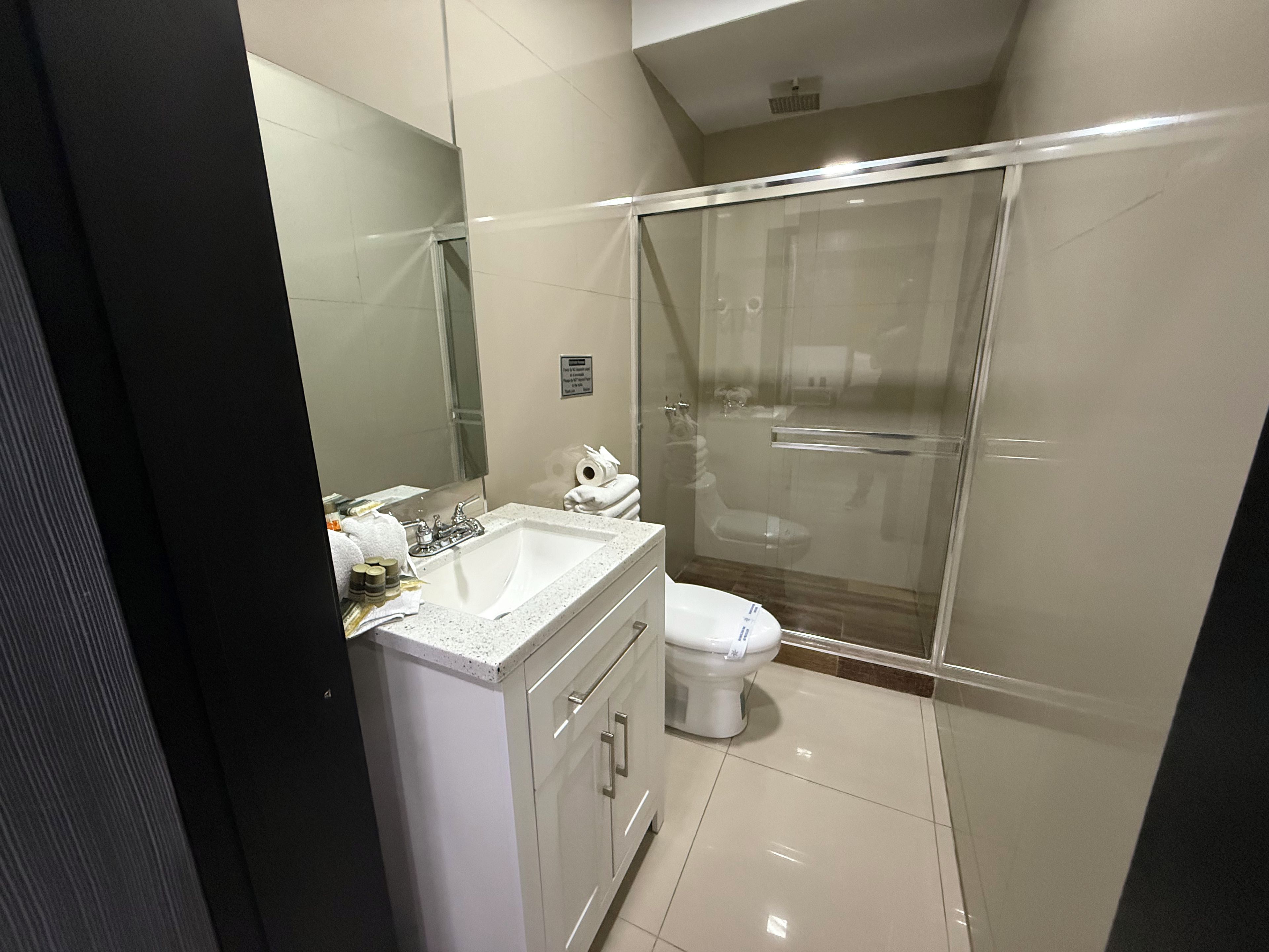 Un baño moderno con ducha envuelta en vidrio, un lavabo blanco y un inodoro.