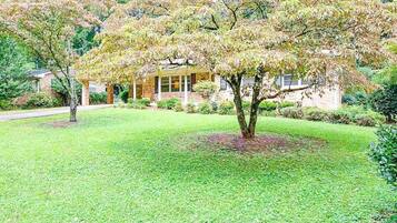 A residential area with a well-maintained lawn, a large tree, and a brick house with a window.