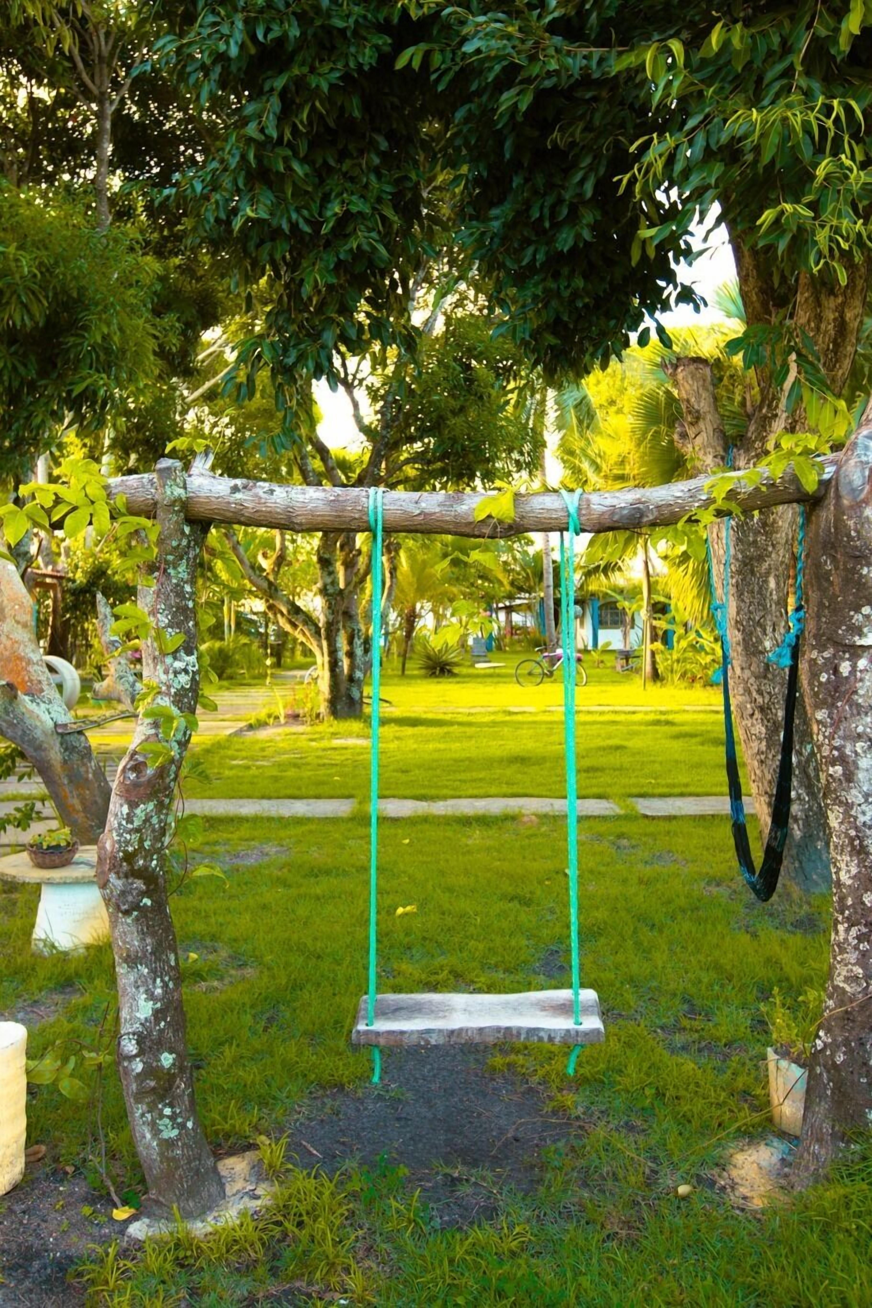 Una hamaca de madera colgada de un árbol en un jardín exuberante.