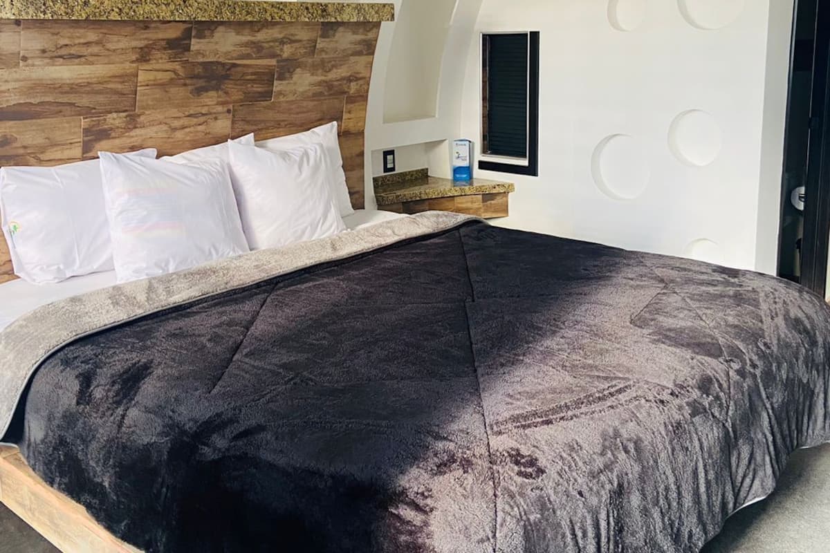 A modern bedroom with a wooden headboard, a large bed with a dark blanket, a nightstand with a lamp, and a wall-mounted air conditioner.