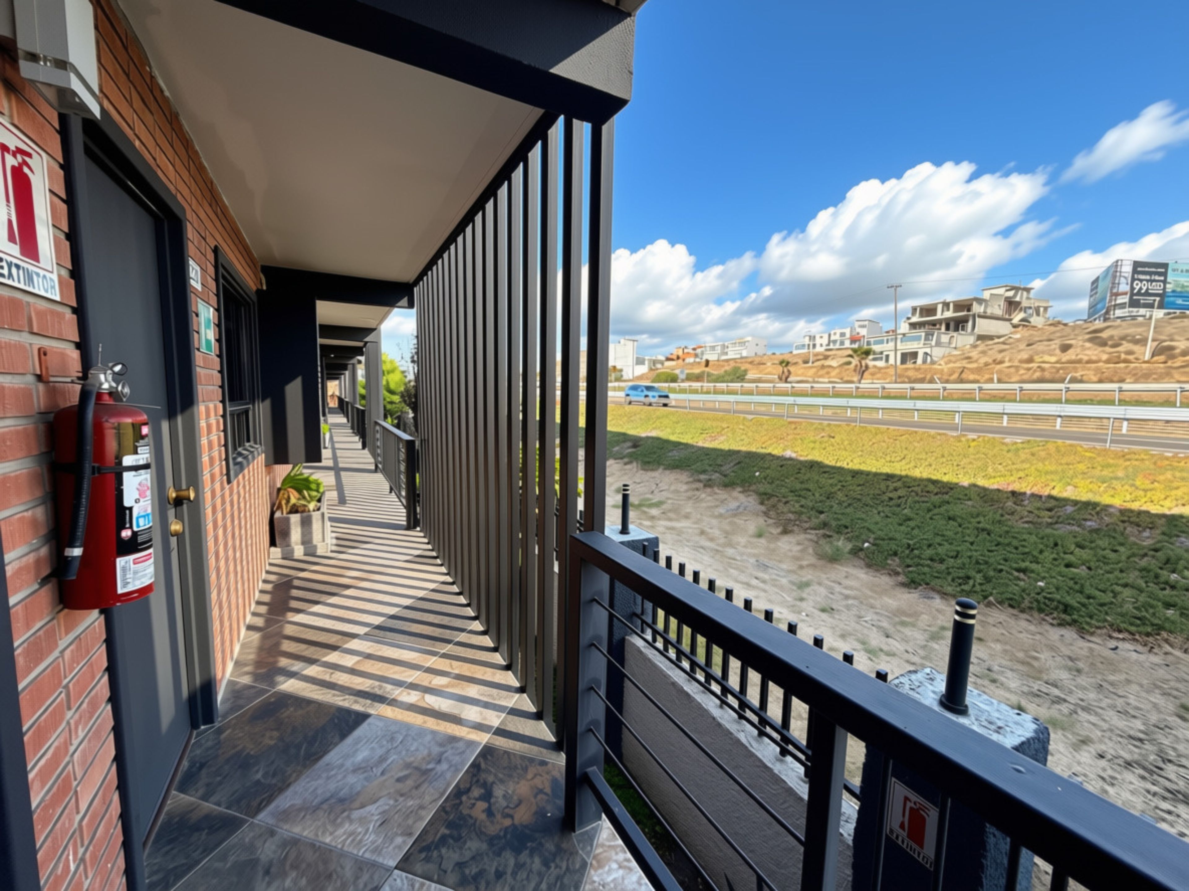 A balcony with a fire extinguisher, a tiled floor, and a view of a road and buildings.