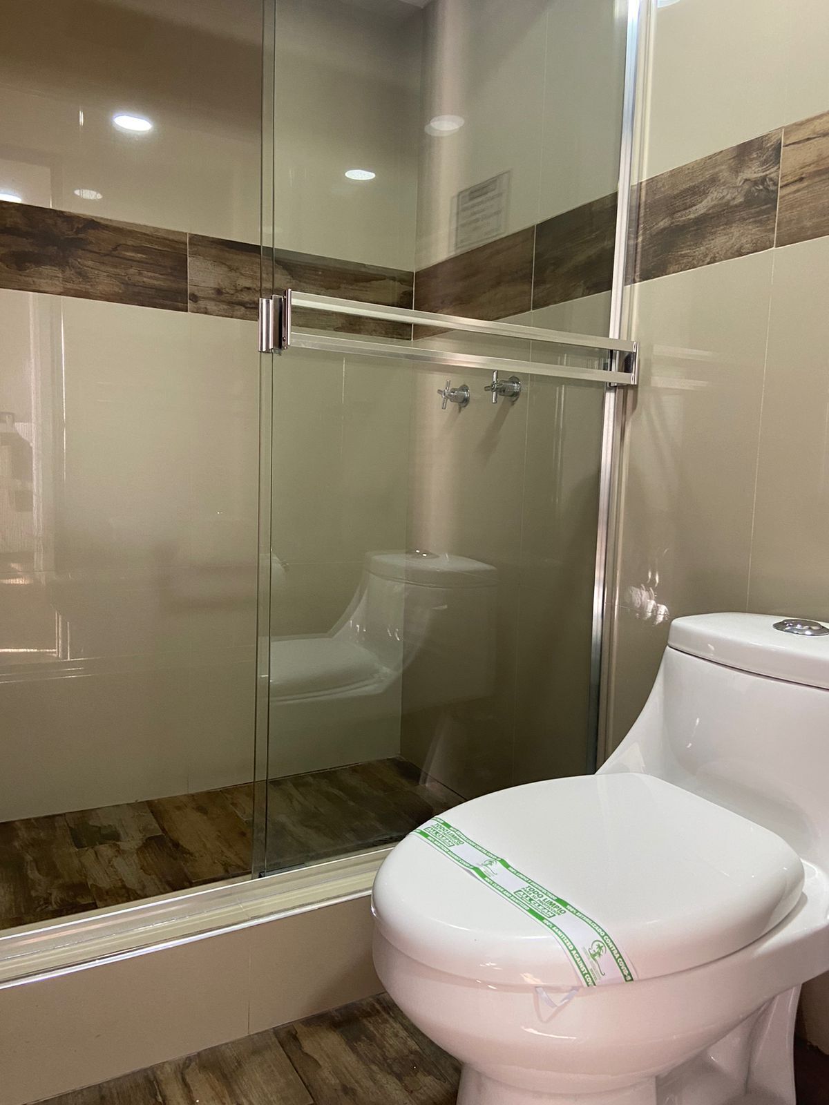 A bathroom with a glass-enclosed shower, a white toilet, and wooden floor tiles.