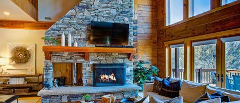 Smart TV, fireplace, video games, DVD player