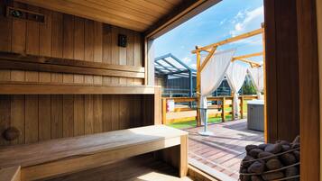 A sauna room with wooden benches and a view of the outside.