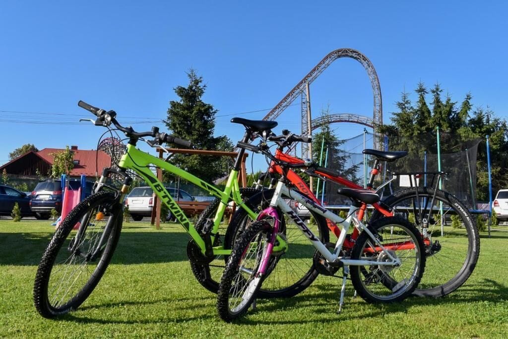 Two bicycles parked on a grassy area with a roller coaster in the background.