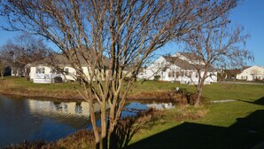 Une scène paisible au bord d’un lac, avec un grand arbre au premier plan, un étang tranquille et un bâtiment blanc doté d’un porche en arrière-plan.