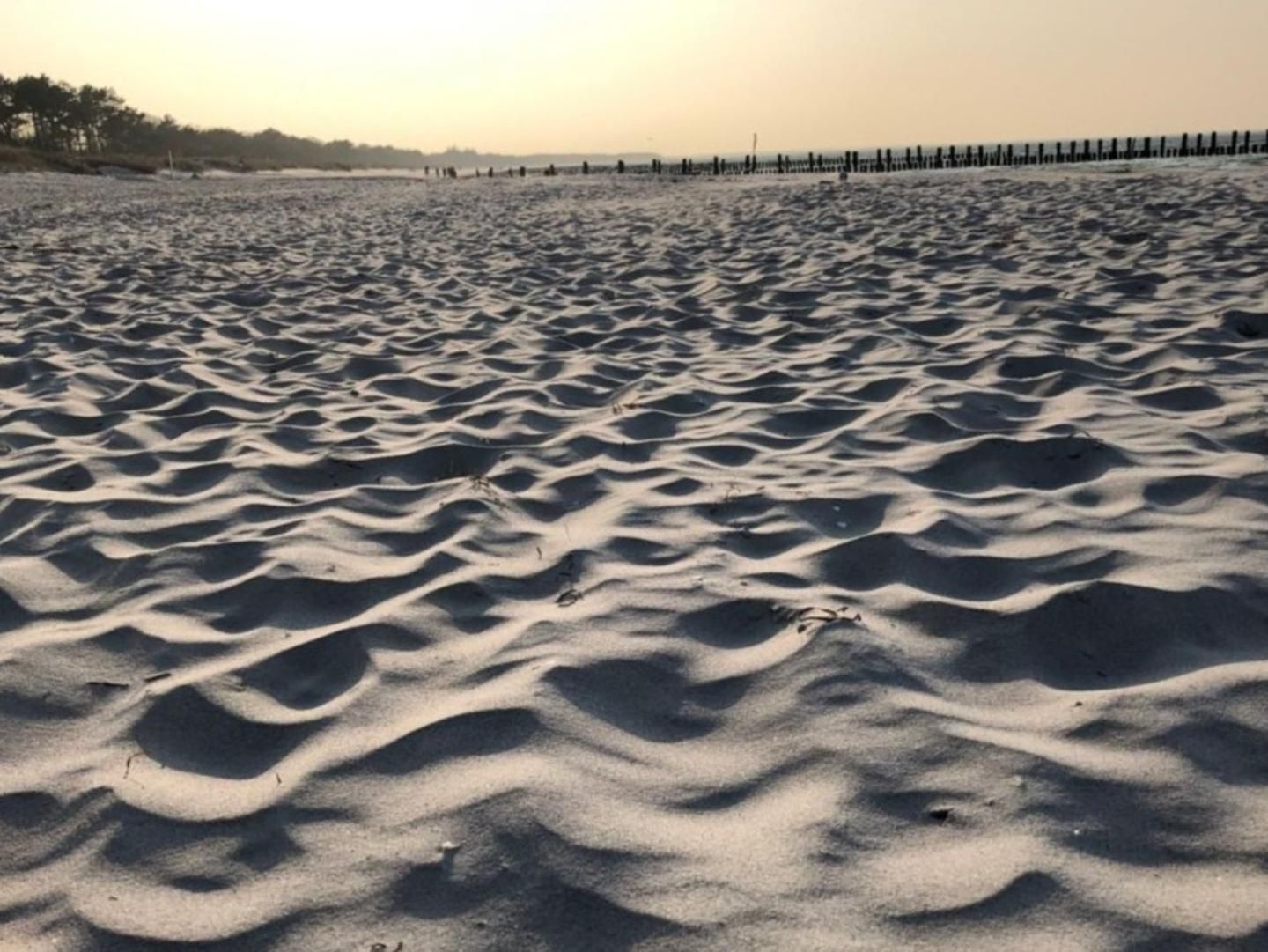 Een zandstrand met rustige golven en een houten omheining op de achtergrond.