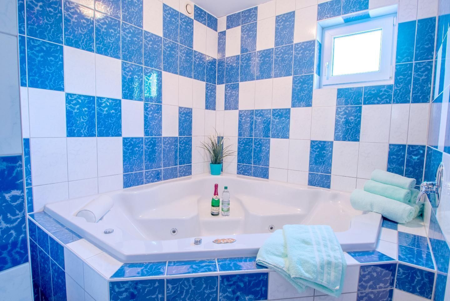 Une salle de bain avec une baignoire, une plante en pot et des serviettes.