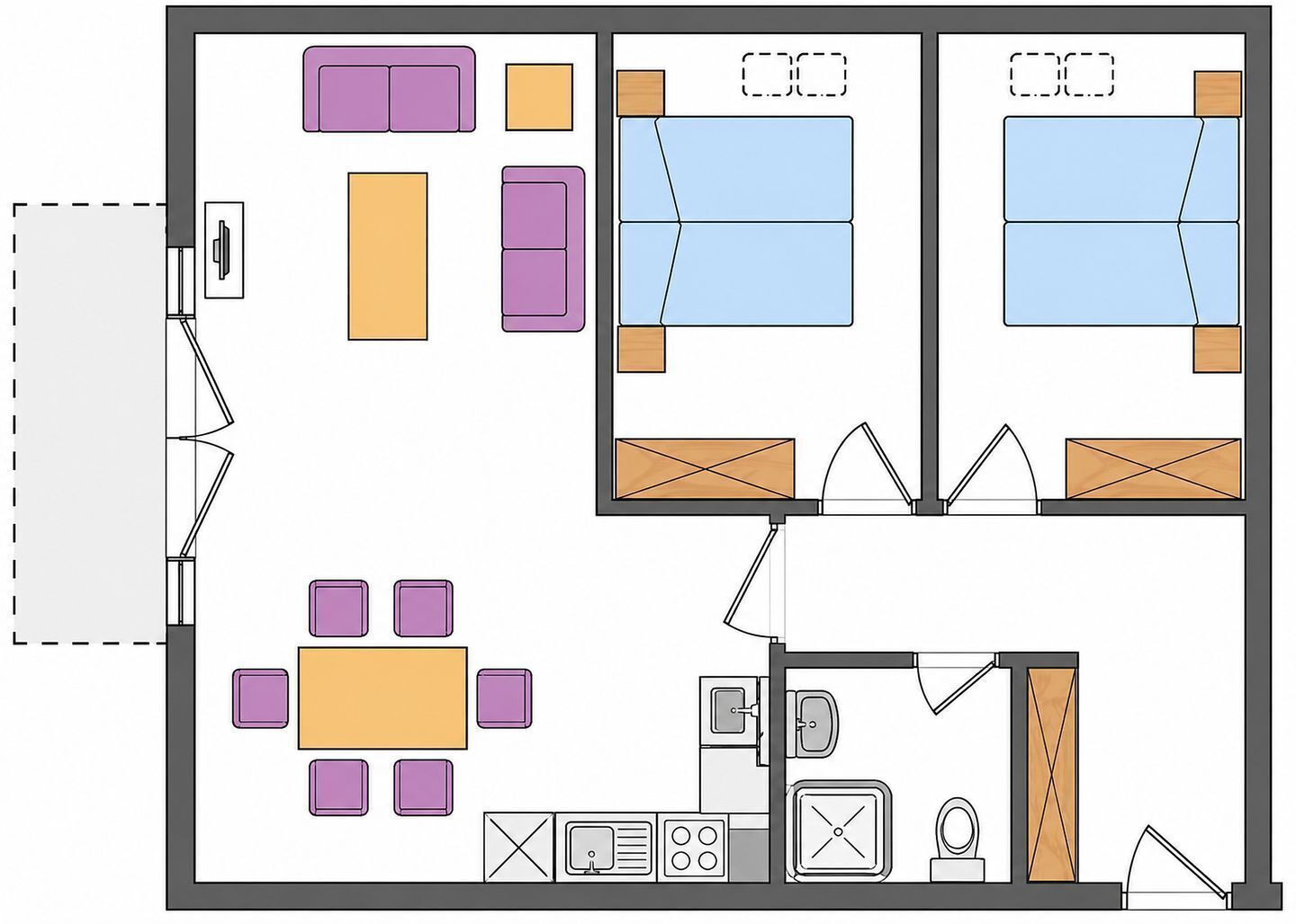 Pianta del pavimento che mostra una zona pranzo, cucina, due camere da letto e un bagno.