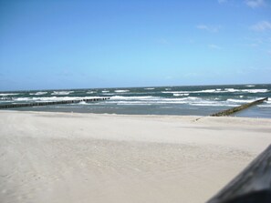 A beach with a wooden pier extending into the ocean.