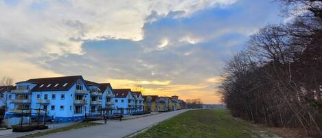 Fila de edificios residenciales azules con un sendero pavimentado y una zona verde.