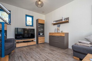 Televisie, een open haard, een dvd-speler en een stereo