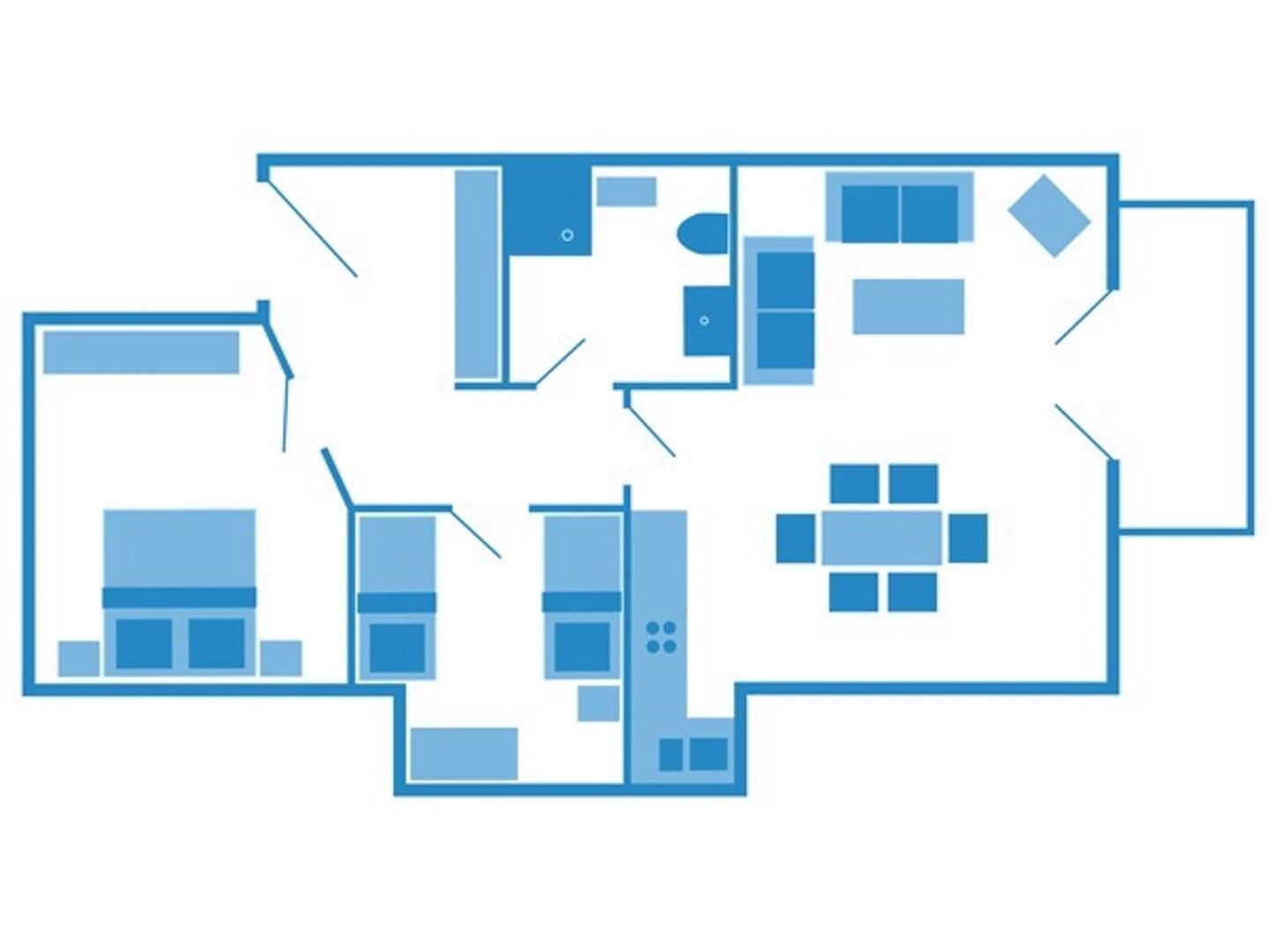 A floor plan with a kitchen, dining area, and multiple bedrooms.