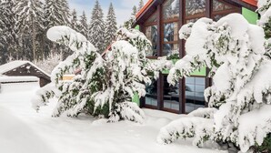 A modern house with large windows and a red roof, surrounded by snow-covered trees. - Beautiful private villa for 14 guests with WIFI, private pool, TV, terrace and panoramic view (Jablonec Nad Nisou)