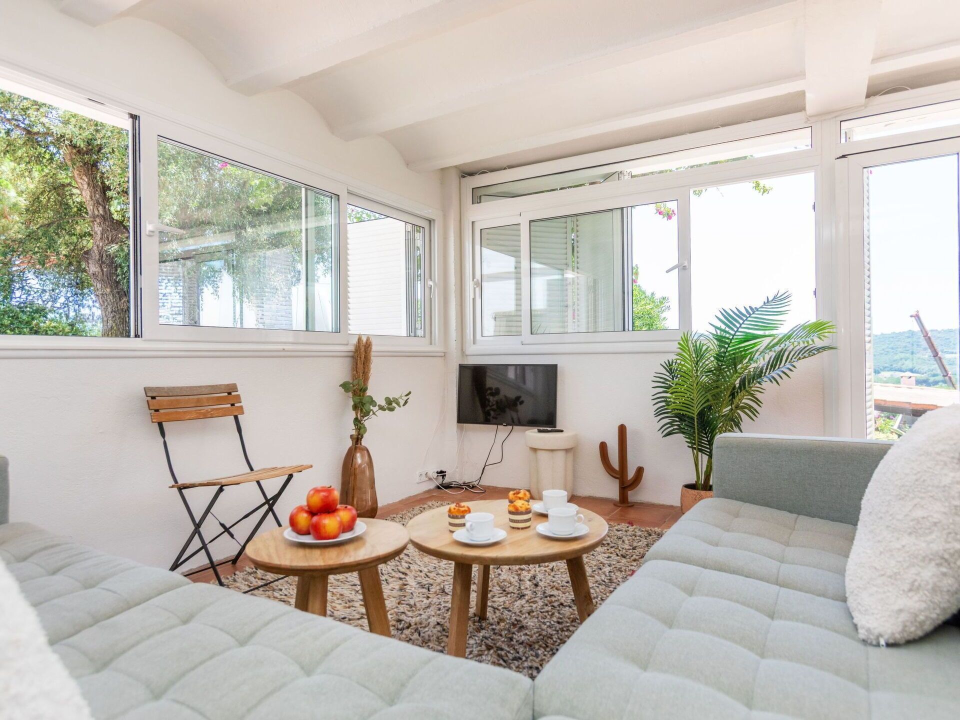Una sala de estar acogedora con un sofá, dos pequeñas mesas de madera, un cactus y un televisor.