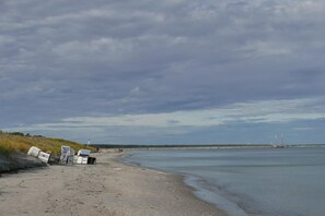 A beach with a row of beach chairs and umbrellas, a sandy shore, and a calm sea. - Comfortable vacation home with terrace, wood-burning stove and modern furnishings - (Prerow)