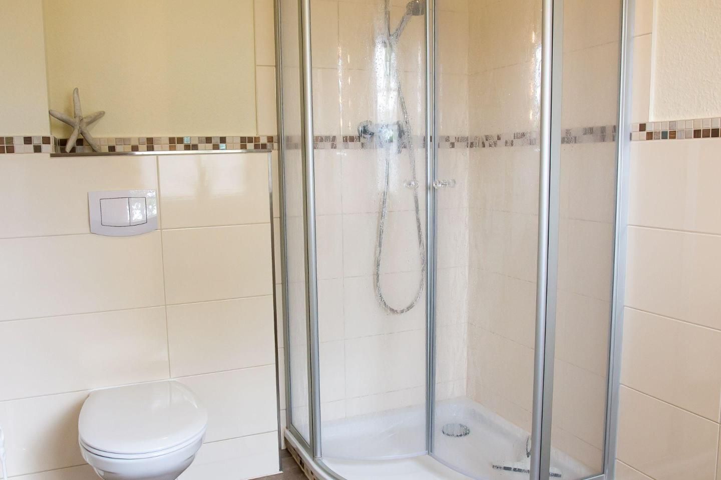 Ein Badezimmer mit einer Duschkabine, einer Toilette und einer Sternfisch-Dekoration an der Wand.
