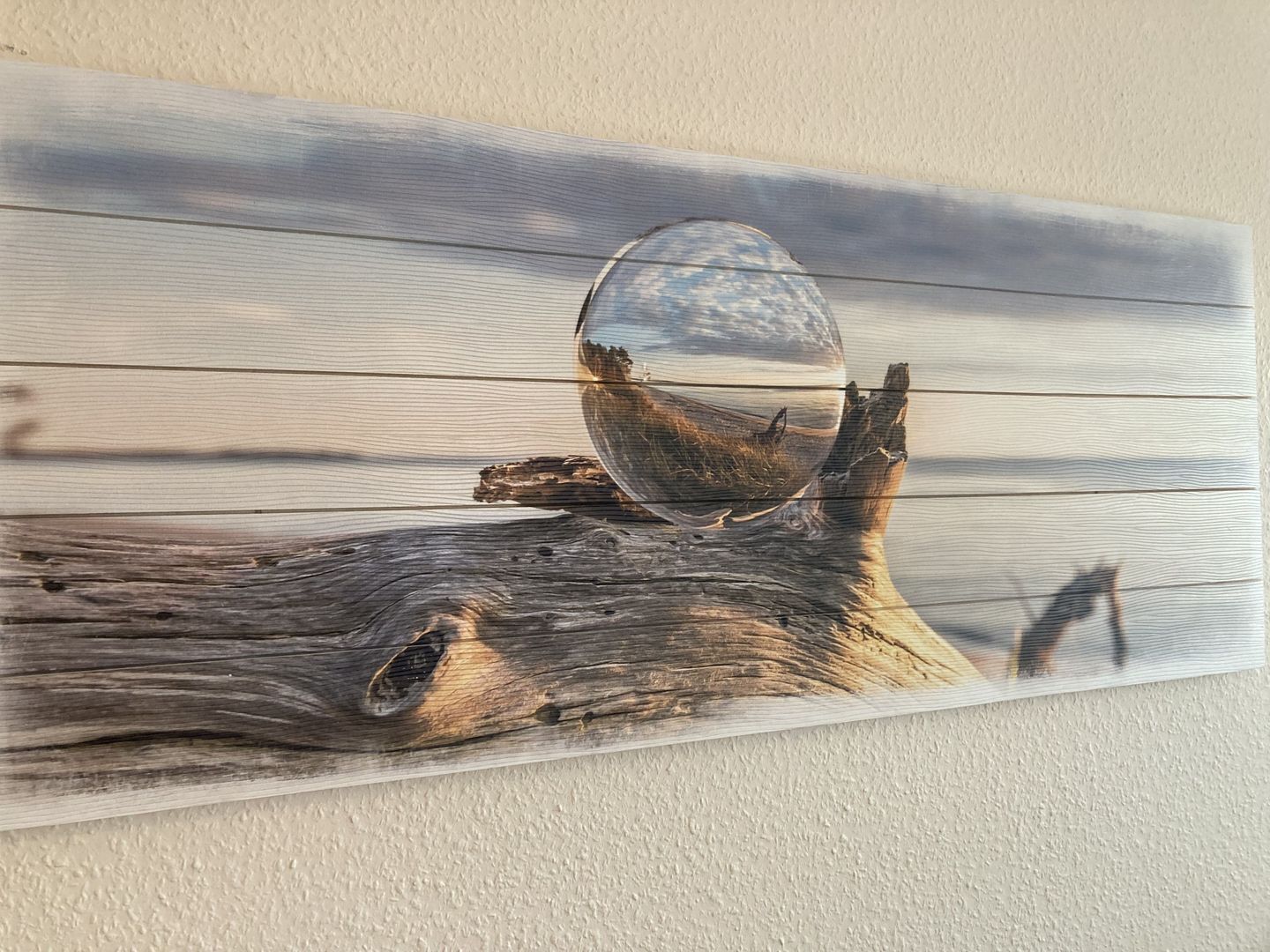A wall-mounted artwork featuring a reflective sphere on a wooden log.
