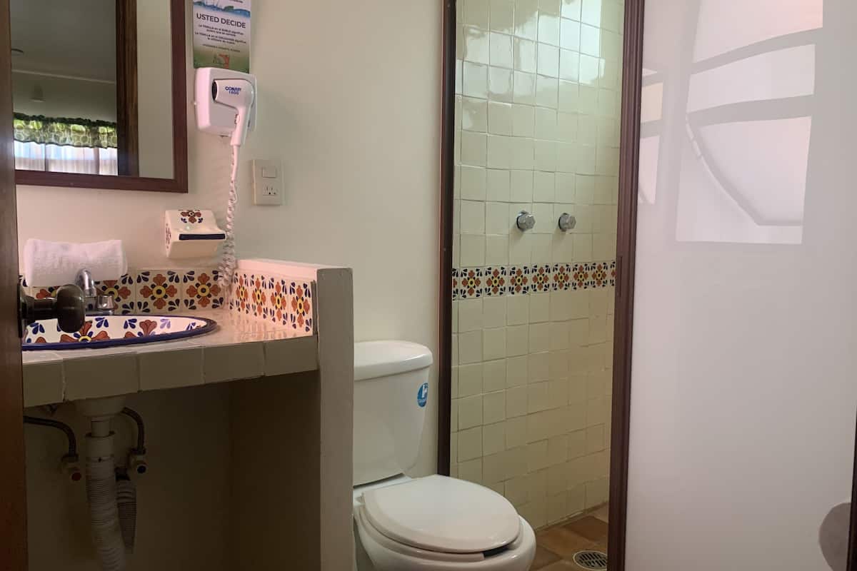 shower, rainfall showerhead, hair dryer, towels