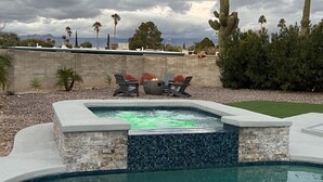 Une piscine dotée d’un jacuzzi intégré et d’un espace détente, le tout entouré d’un jardin aménagé avec des palmiers et des cactus.