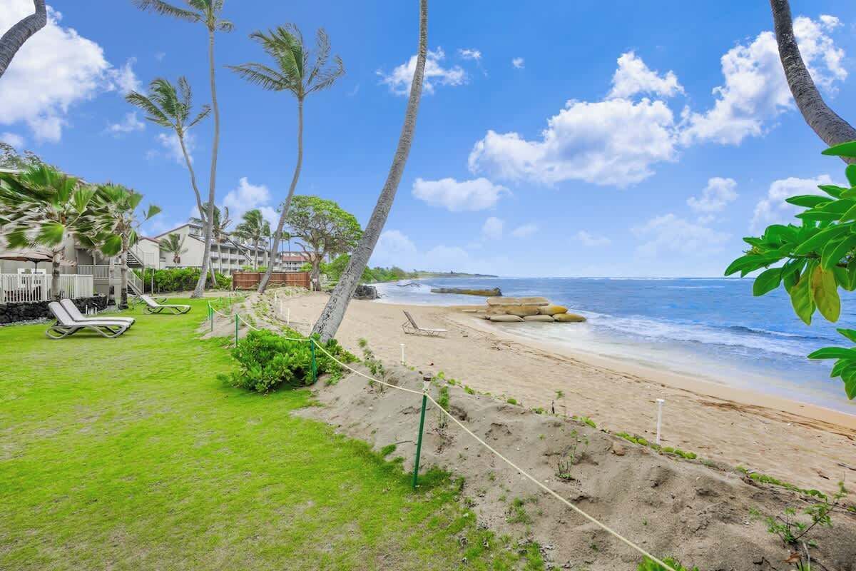 On the beach, sun-loungers, beach towels