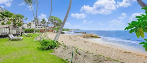 On the beach, sun-loungers, beach towels