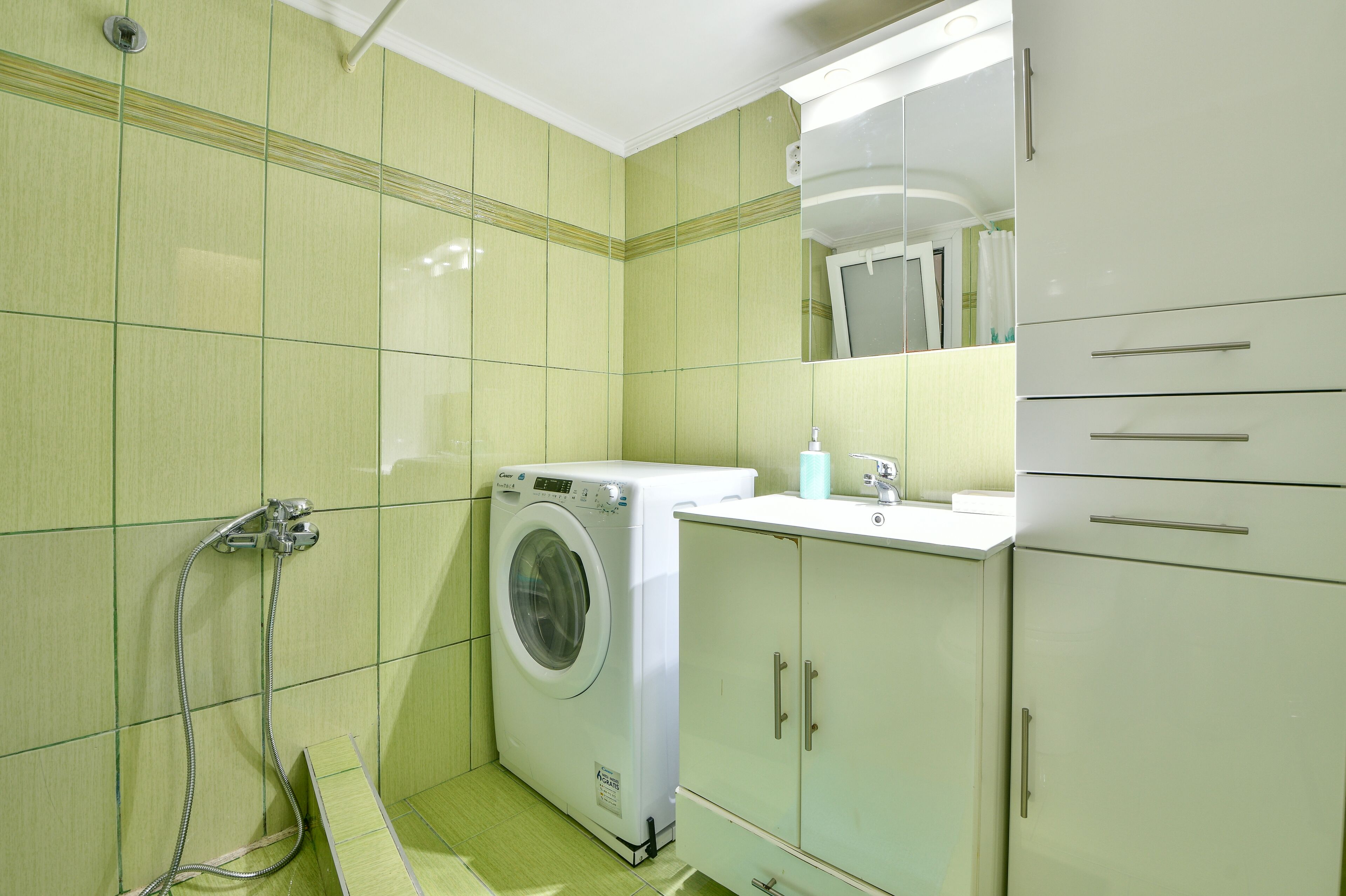 Une petite salle de bain équipée d’un lave-linge, d’un évier et de placards.