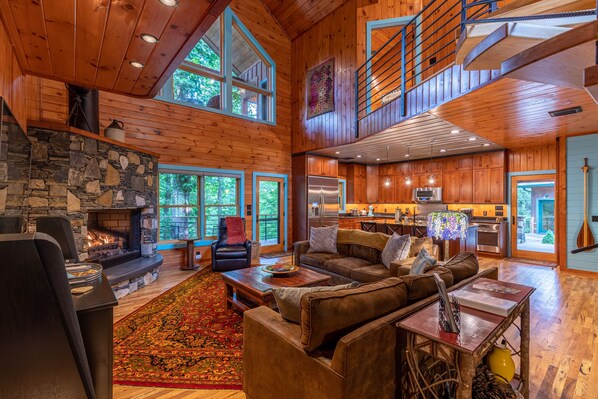 TV, fireplace, video games, foosball