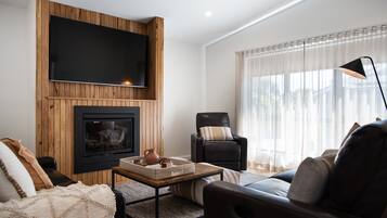 Smart TV, fireplace, books