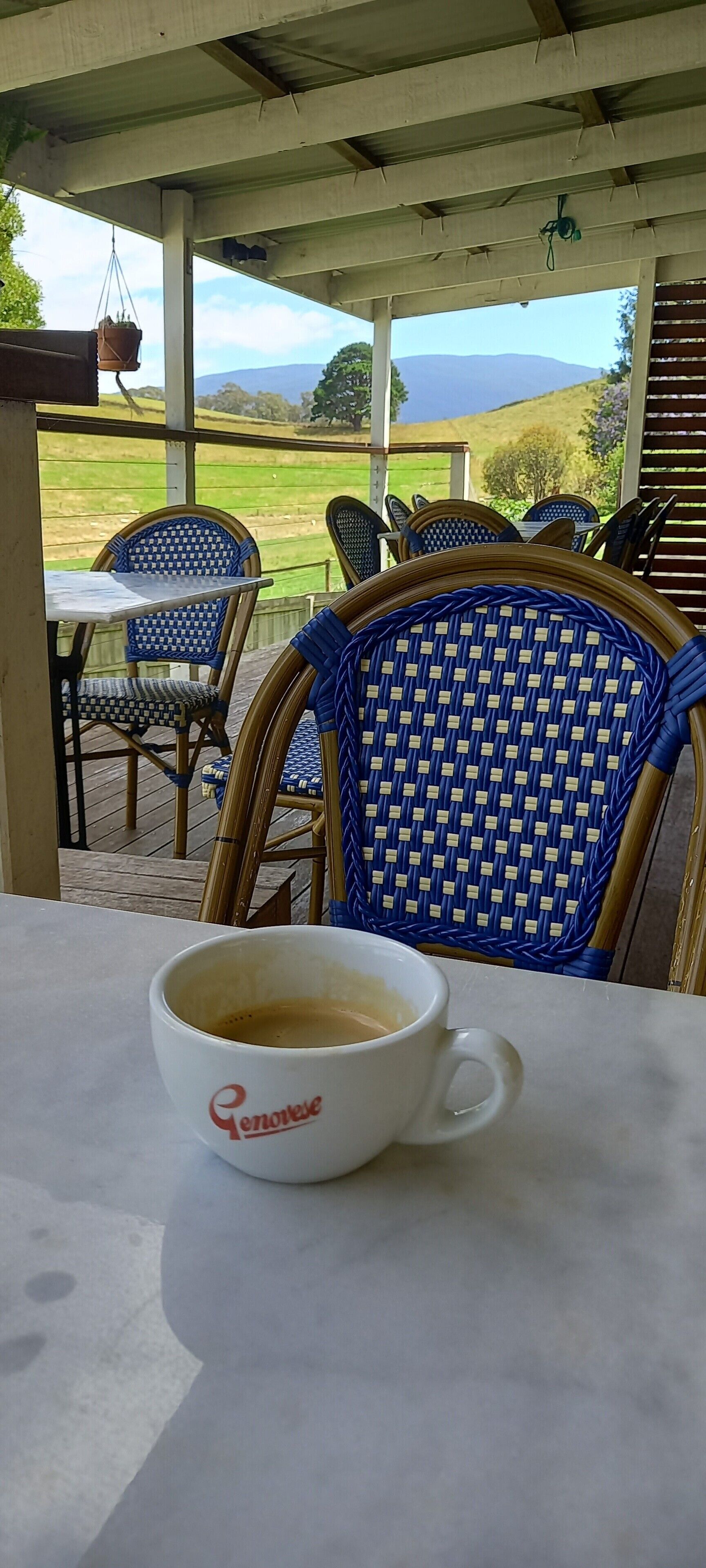 Uma mesa com uma xícara de café, cadeiras de vime e vista para um campo verde e montanhas.