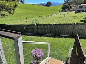 A fenced outdoor area with a wooden deck, a small bush with purple flowers, and a view of a green field with a fence and a building in the distance. - Erica Escape – Where Humans Meet Nature (Erica)