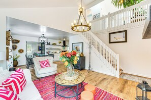 TV, fireplace - Deck, Fire Pit & Pool Access at Poconos Retreat! (East Stroudsburg)
