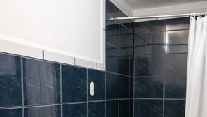 A bathroom with a toilet, a bathtub, and a shower area.