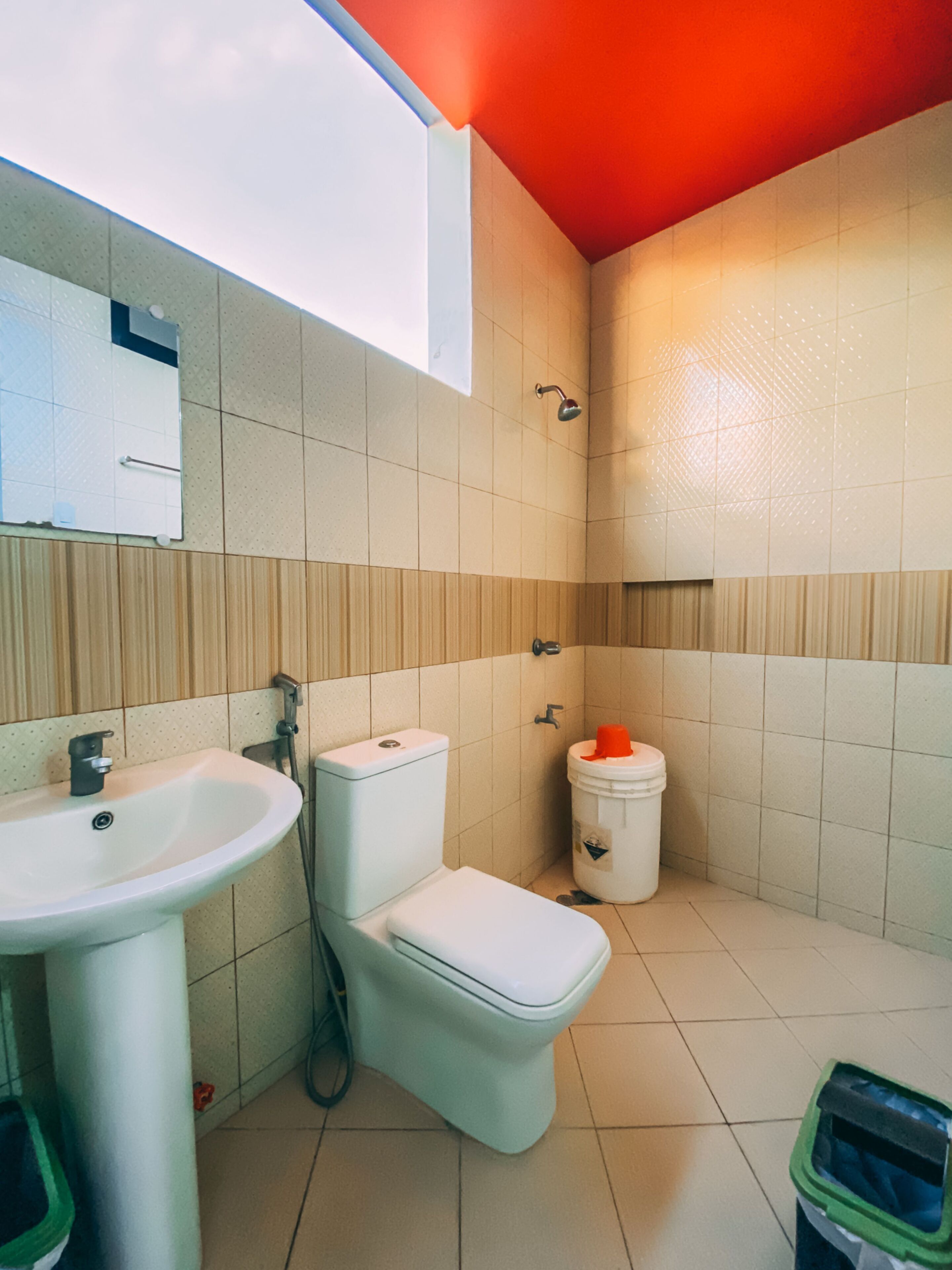 Un baño con inodoro, lavamanos y ducha.
