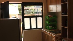 Une cuisine de taille réduite, avec des meubles de rangement en bois, un égouttoir à vaisselle vert et une fenêtre équipée de stores.