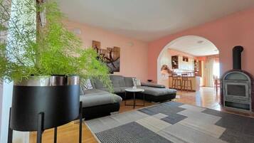 Family Apartment, 3 Bedrooms, Balcony, Sea View | Living area | 80-cm flat-screen TV with cable channels, TV