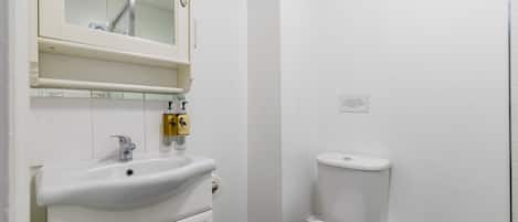 A small, clean bathroom with a white sink, mirror, and toilet.