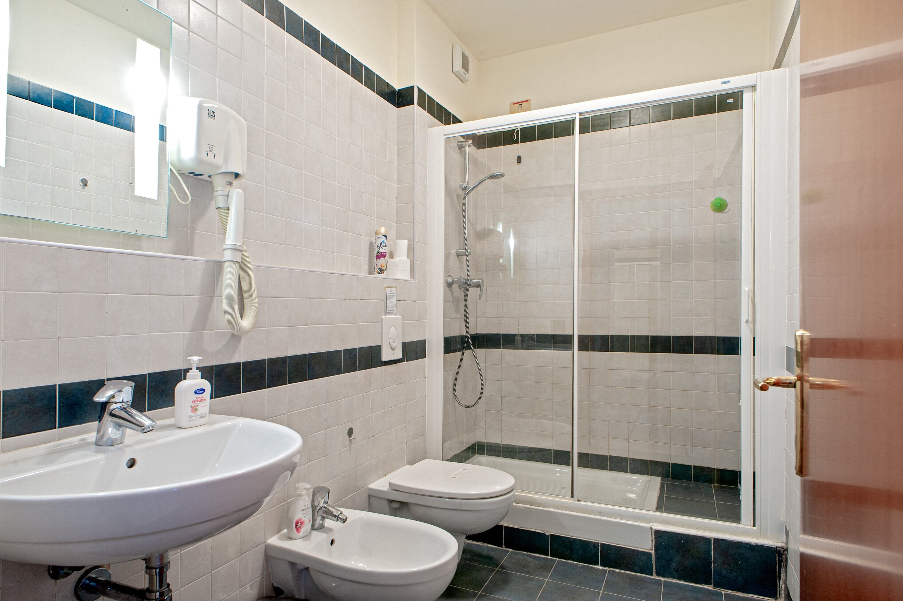 Shower, free toiletries, hair dryer, towels