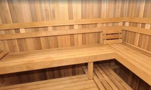A wooden sauna with benches and a bench seat.