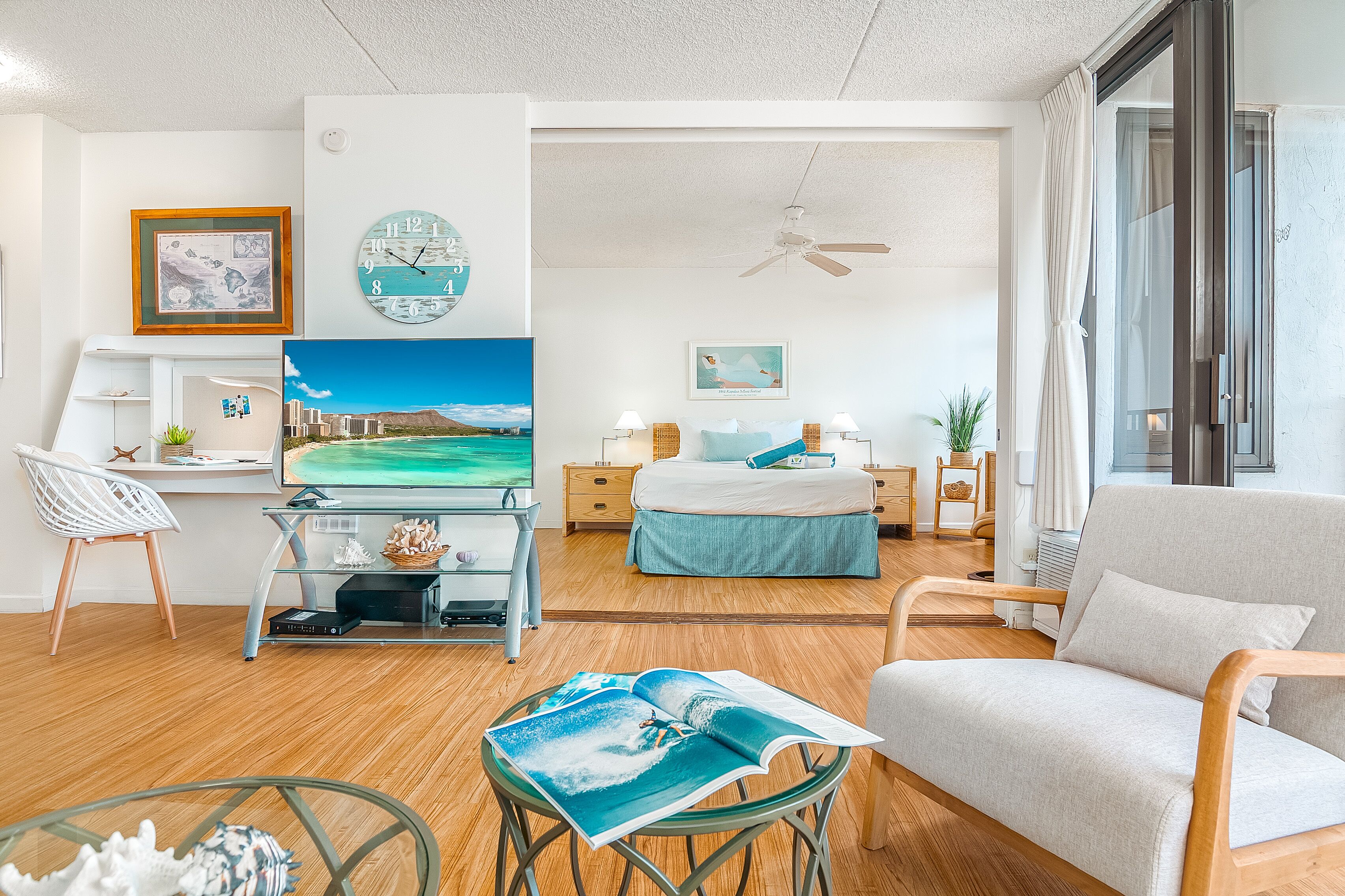 1 bedroom, desk, blackout drapes, iron/ironing board