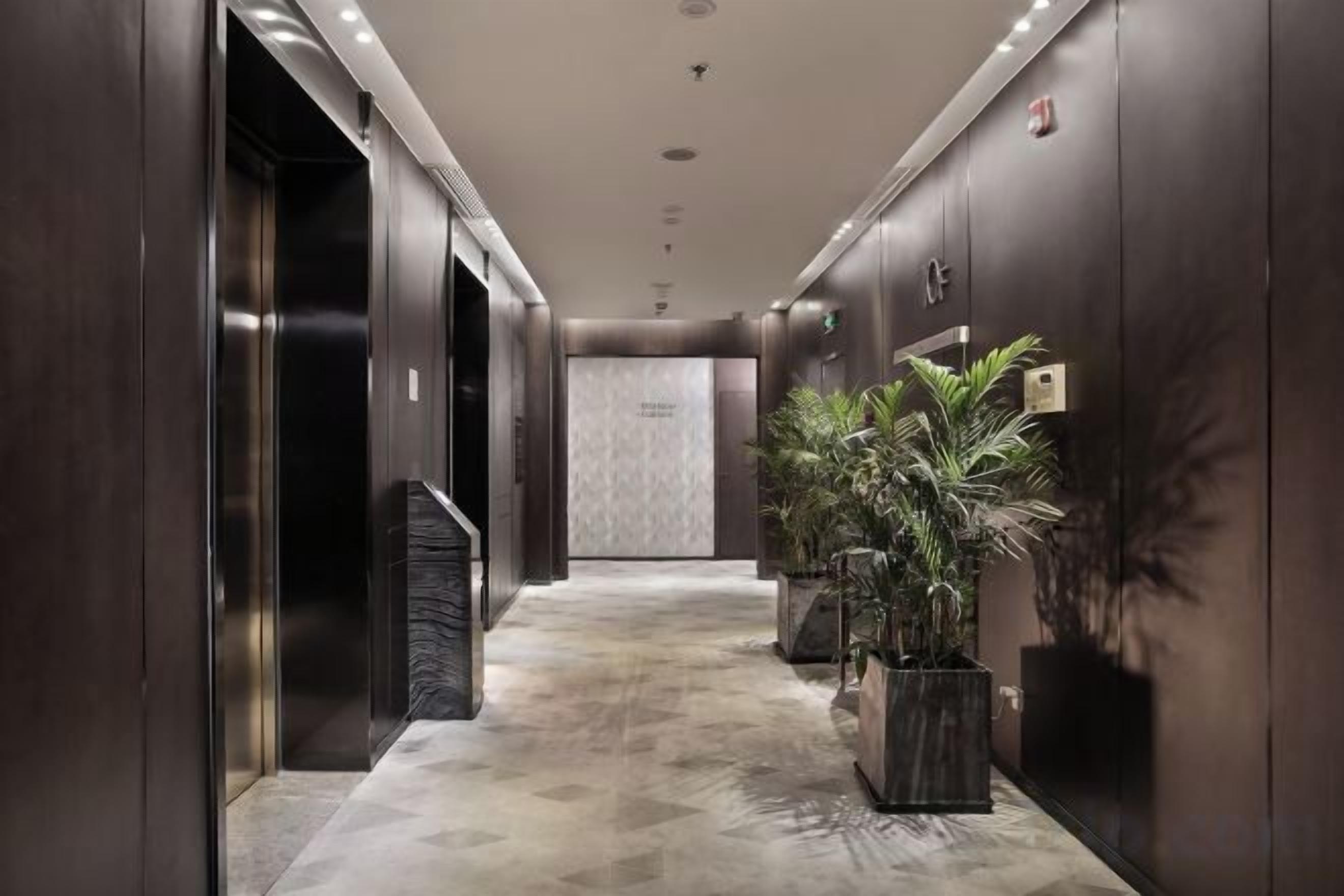 A modern hallway with elevators, a marble floor, and potted plants.