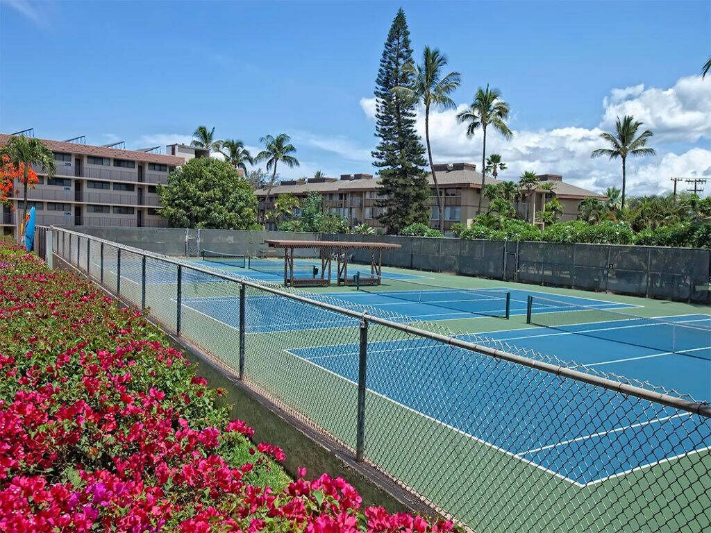 Ein Tennisplatz mit Zaun, umgeben von Blumenbeet und Palmen.