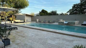 Seasonal outdoor pool, open 8:00 AM to 8:00 PM, pool umbrellas