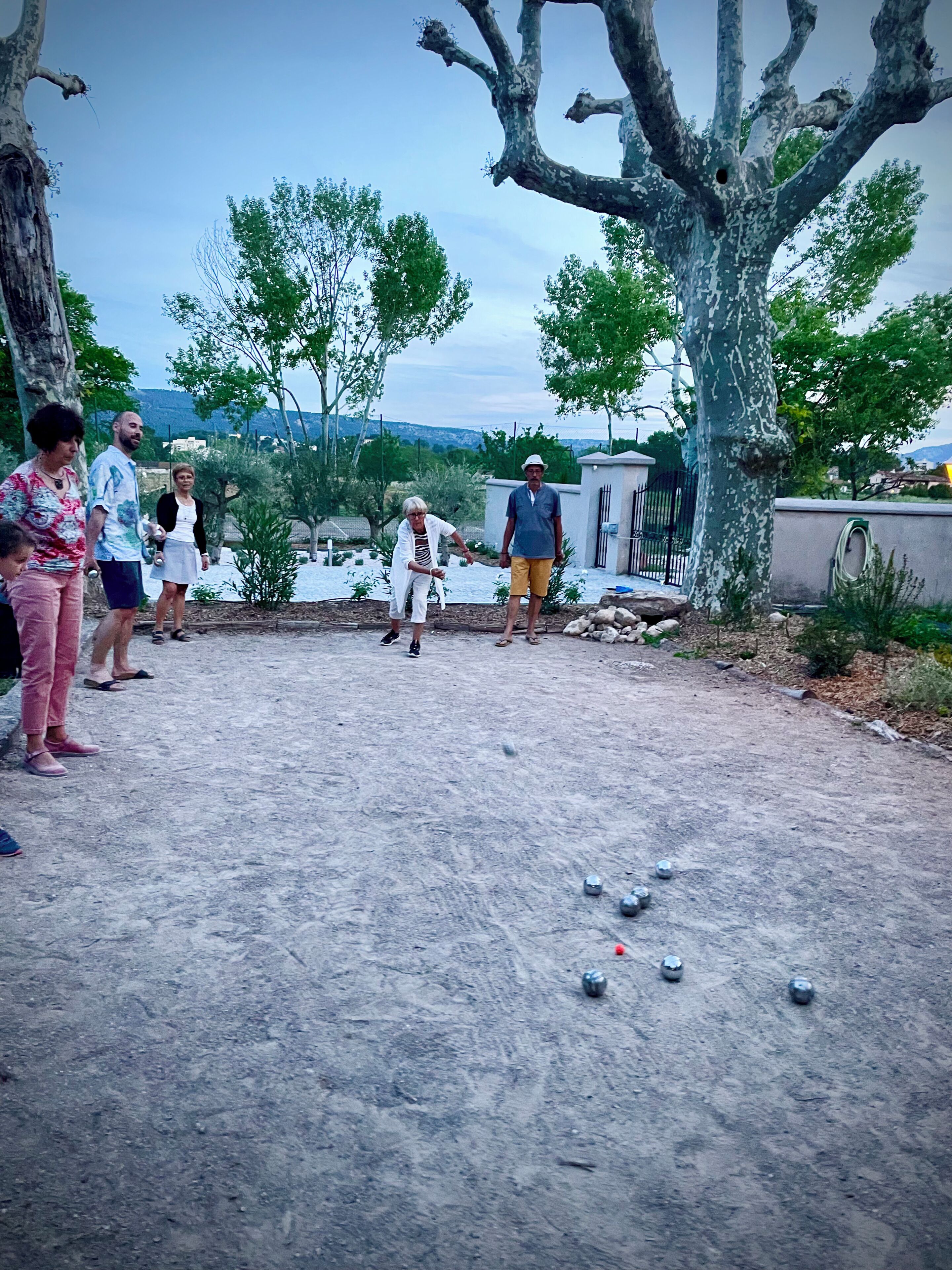An outdoor area with a dirt ground, a large tree, and a group of people.