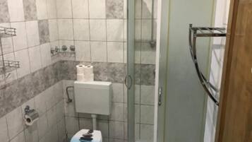 A small bathroom with a toilet, a shower, and a sink.